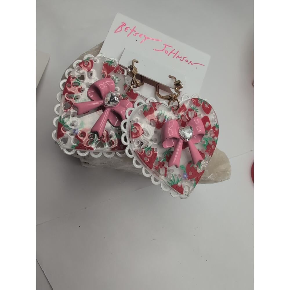 Betsey Johnson NWT Baby Cakes Lucite Strawberry Heart Lace Pink Bow Earrings $48